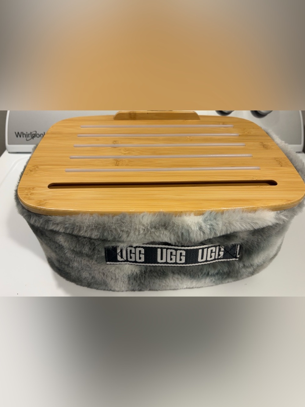 UGG Gray Faux Fur Storage Keeper with Bamboo Slotted Lid